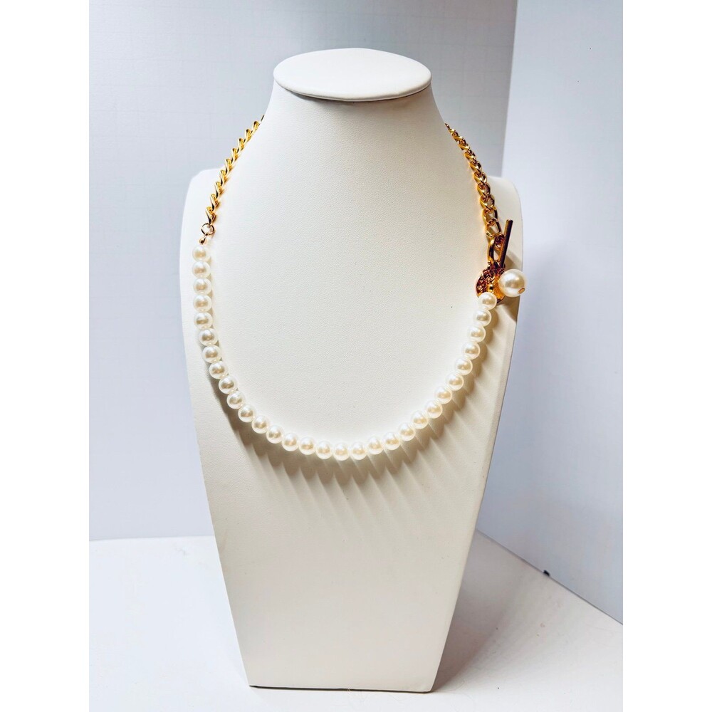 Gold Cuban Chain Pearl Asymmetrical Front Toggle Necklace